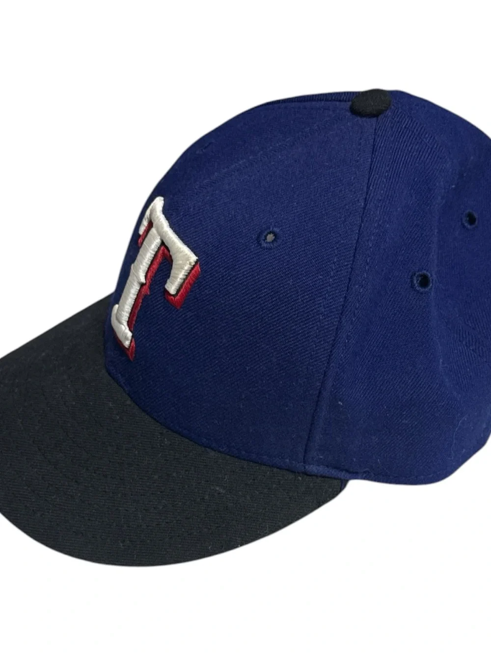 New Era Blue & Black Baseball Cap with White and Red 'T' Embroidery